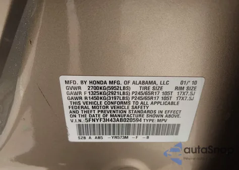 2010 Honda Pilot Ex z USA, uszkodzony, nr VIN 5FNYF3H43AB020594